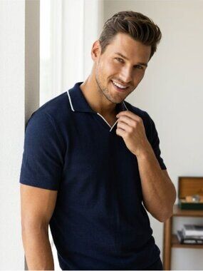 Renuar Men Medium Navy Knit Polo Shirt Elevated Quiet Luxury Archival Essential